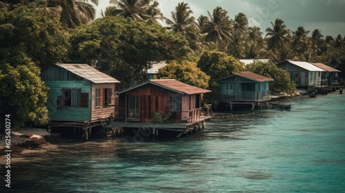 Maldives with small cottages on river.