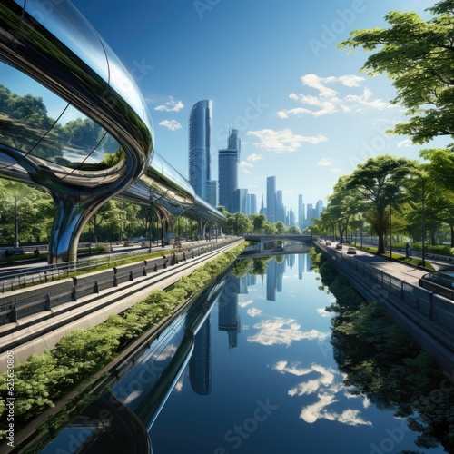 A river running through a lush green park next to tall buildings. Generative AI. .
