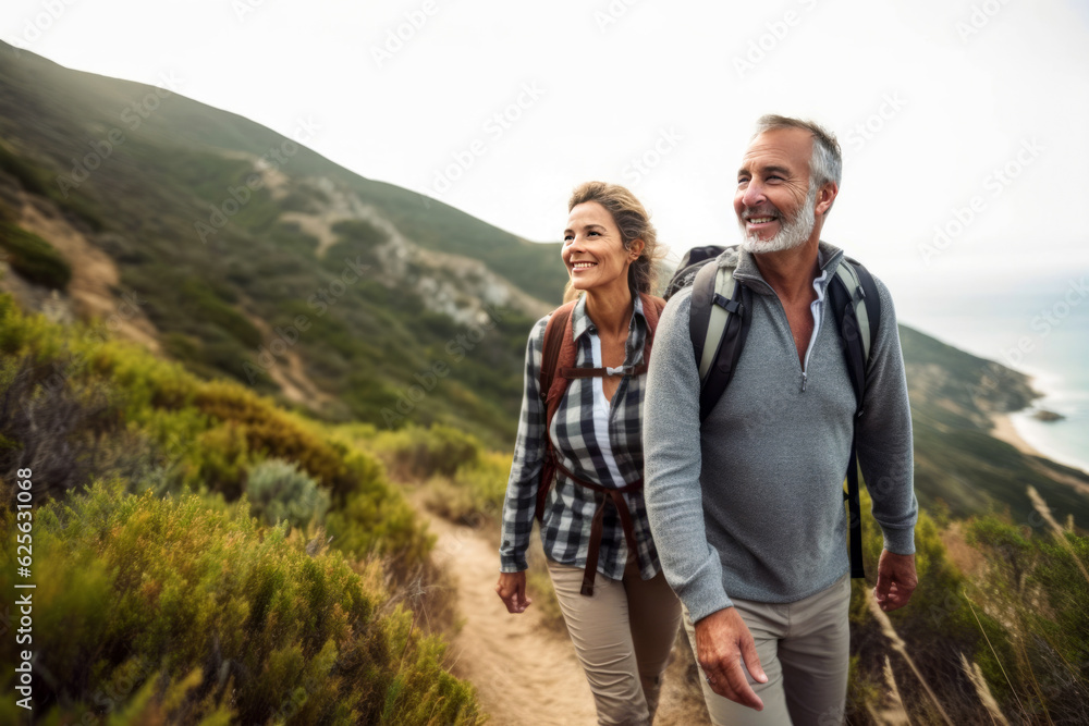 Senior couple admiring the scenic Pacific coast while hiking, filled with wonder at the beauty of nature during their active retirement, generative ai