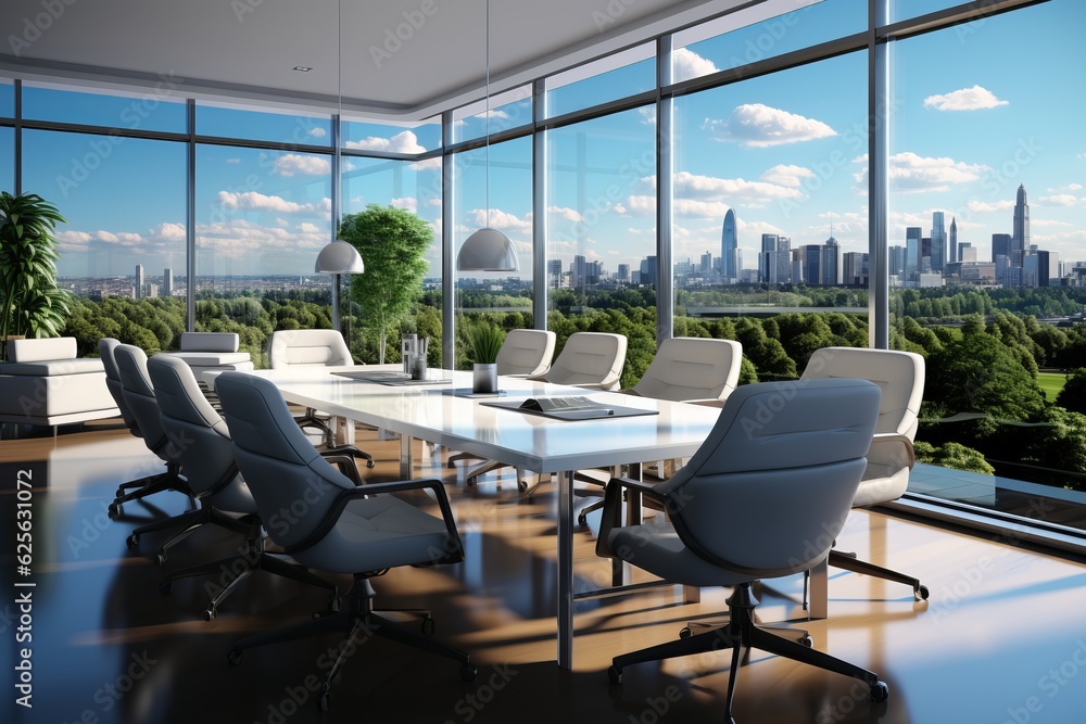 Modern office room with table and seats in front of floor-to-ceiling windows overlooking the cityscape. Created with AI.