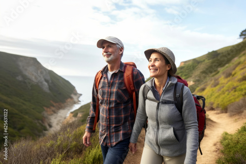 Senior couple admiring the scenic Pacific coast while hiking, filled with wonder at the beauty of nature during their active retirement, generative ai