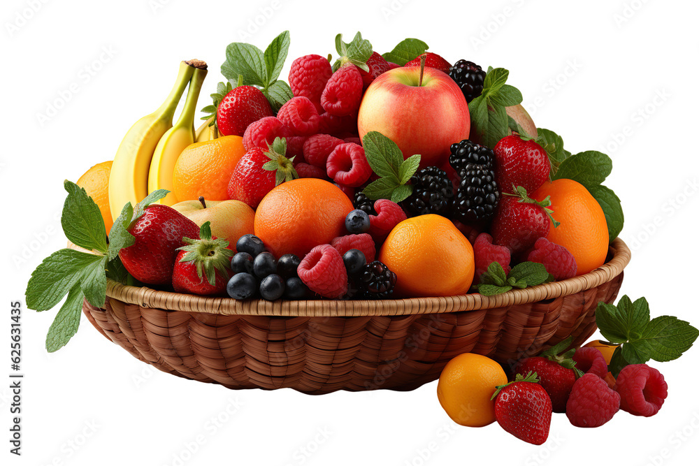 a realistic portrait of mix fruits in a basket isolated on white background PNG a realistic portrait of mix fruits in a basket isolated on white background PNG