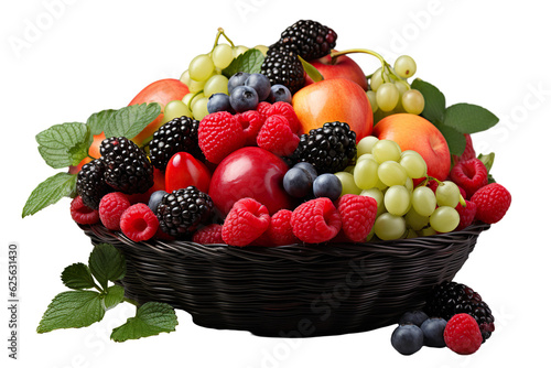 a realistic portrait of mix fruits in a basket isolated on white background PNG