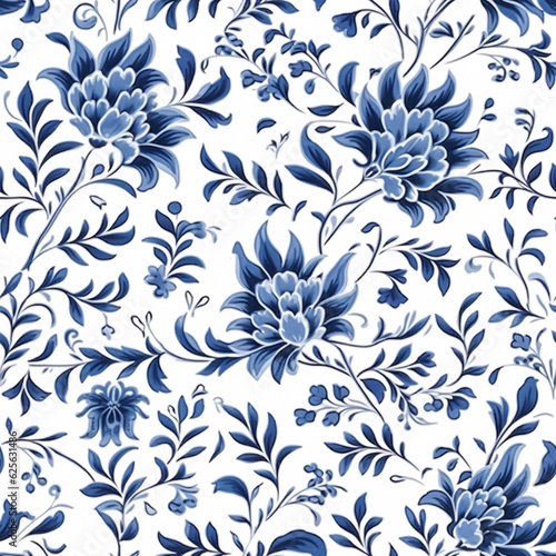 Seamless floral pattern, tileable blue and white country style print with flowers for wallpaper, wrapping paper, scrapbook, fabric and product design, generative ai