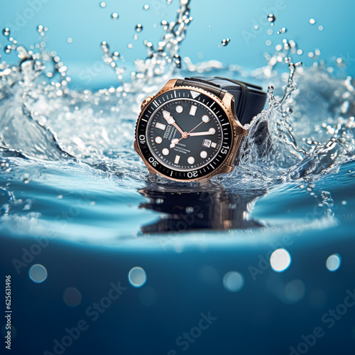 Waterproof luxury mens watch underwater in the ocean or sea commercial concept, bespoke water resistant design, generative ai