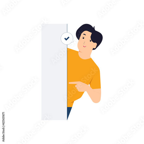 Young man standing behind a wall while peeking and pointing finger with curiosity, startled, shocked, Surprised, peeping, listening, discovery and Pay attention concept illustration