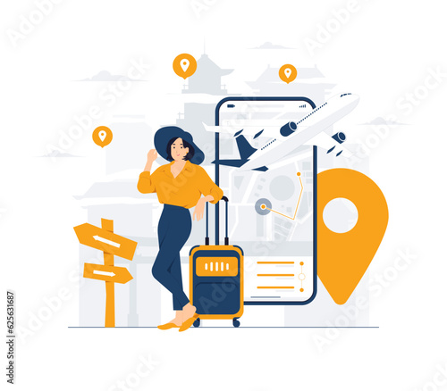 Businesswoman with suitcase bag traveling on vacation holiday. business trip tourism travel Summer, work on the go. traveler in airport departure area waiting for Flight journey concept illustration