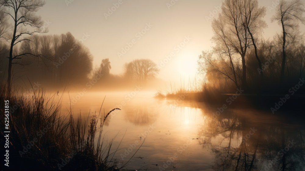misty sunrise over lake, with reflections of trees and water. misty sunrise over lake, with reflections of trees and water.