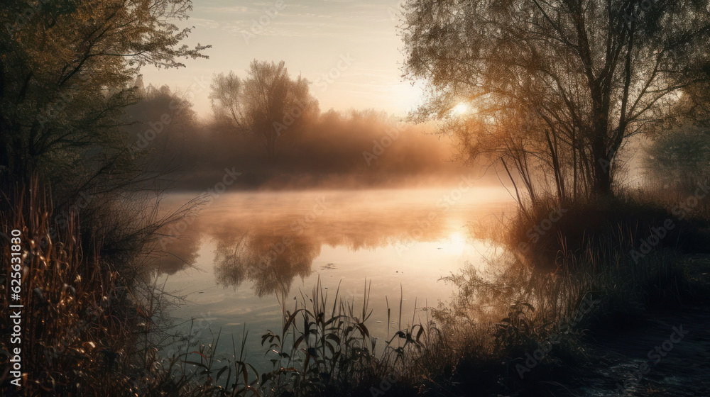 misty sunrise over lake, with reflections of trees and water. misty sunrise over lake, with reflections of trees and water.