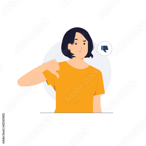 Skeptical dissatisfied discontent young beauty woman showing thumb down dislike gesture with negative expression concept illustration