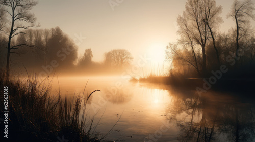 misty sunrise over lake, with reflections of trees and water. © Matthew