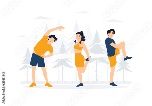 Set of sports people doing stretching fitness workout training in the gym, yoga exercise standing in different pose, Healthy lifestyle and weight loss concept illustration