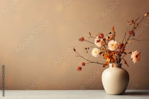 A vase with flowers in it on a table. Generative AI. Autumn, Thanksgiving decor. Copy-space, place for text.