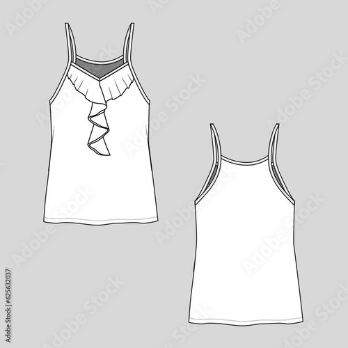 Women ruffles Camisole top fashion flat sketch cad mock up technical drawing template design vector