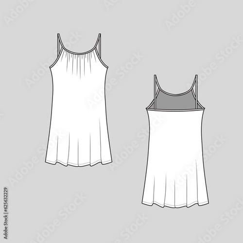 Women Summer Spaghetti strap Tunic top neck gathering camisole fashion top flat sketch technical drawing template design vector