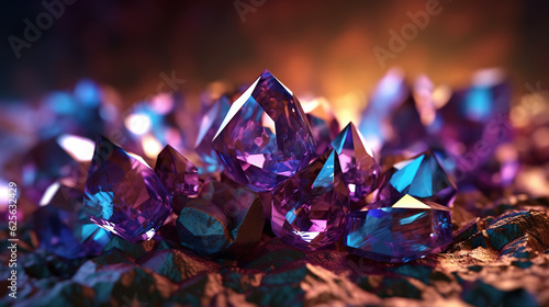 Amazing bright and shiny Alexandrite crystal cluster background. Jewel mineral detailed macro. Generative AI photo
