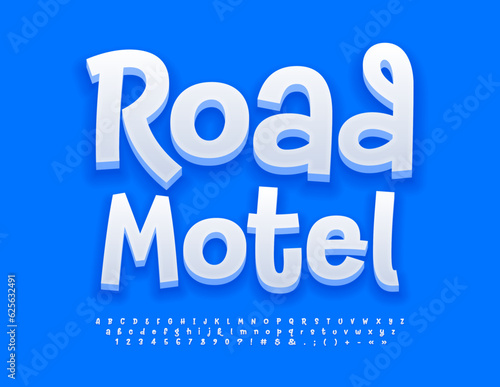 Vector creative logotype Road Motel. Funny handwritten Font. White 3D Alphabet Letters and Numbers set