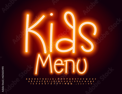 Vector neon sign Kids Menu. Electric decorative Font. Handwritten Alphabet Letters, Numbers and Symbols set