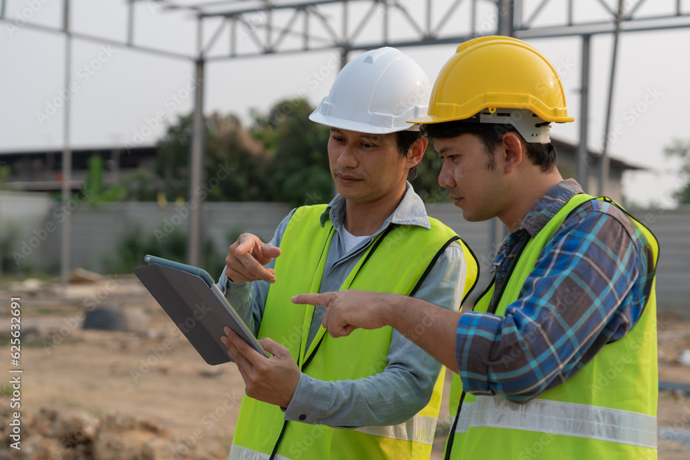 Engineers team use laptop and check the tablet on site. Contractor and inspector inspection construction during project.civil Forman check quality assurance. Audit, inspect, quality control. Engineers team use laptop and check the tablet on site. Contractor and inspector inspection construction during project.civil Forman check quality assurance. Audit, inspect, quality control.