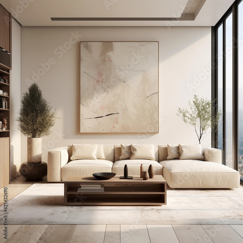 Modern living room design, Wooden furniture with warm cozy feeling, bright neutral colors