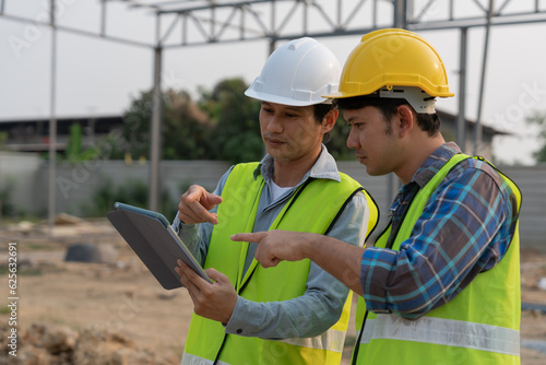 Engineers team use laptop and check the tablet on site. Contractor and inspector inspection construction during project.civil Forman check quality assurance. Audit, inspect, quality control.