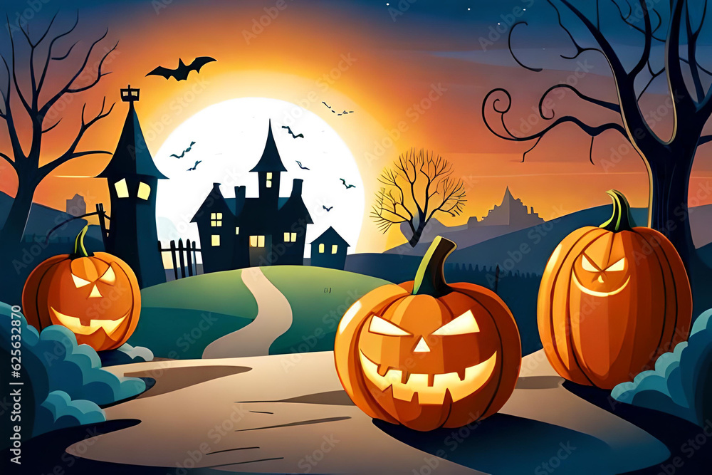 kids illustration, spooky Halloween scene with ghosts pumpkins bats, and the old house in the background, cartoon style, thick lines low detail, vivid color