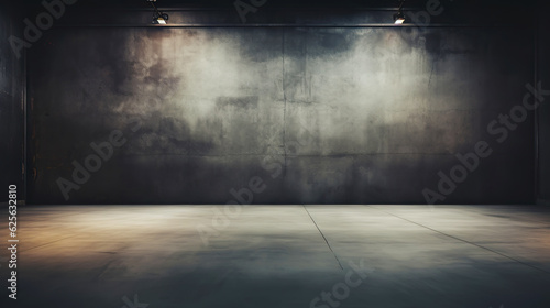 Empty room with concrete walls, dark interior with spotlights. Industrial copy space. Generative AI