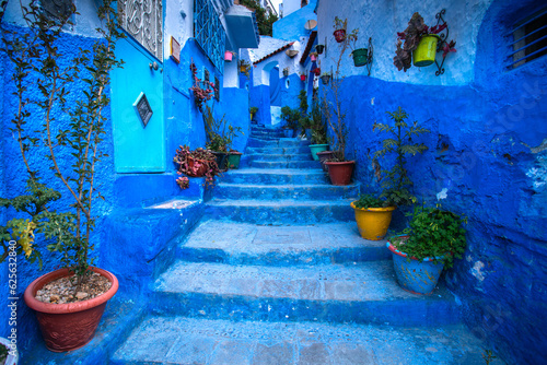 Blue shade of houses, street and alley in Chefchaouen, a city in northwest Morocco where is noted for its buildings in shades of blue, for which it is nicknamed the Blue City