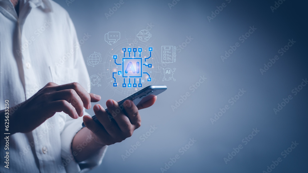 Business people use their phones to input commands or text to process future technological innovations, artificial intelligence (Ai) concepts or digital transformation Business people use their phones to input commands or text to process future technological innovations, artificial intelligence (Ai) concepts or digital transformation