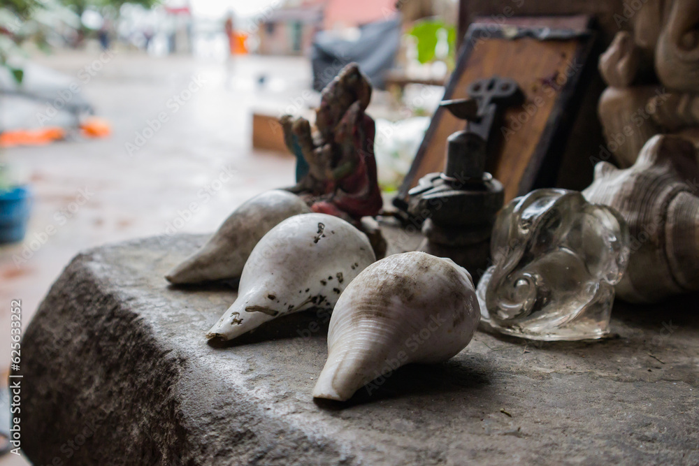 Conch shells and idols of hindu gods and goddess kept in a temple for