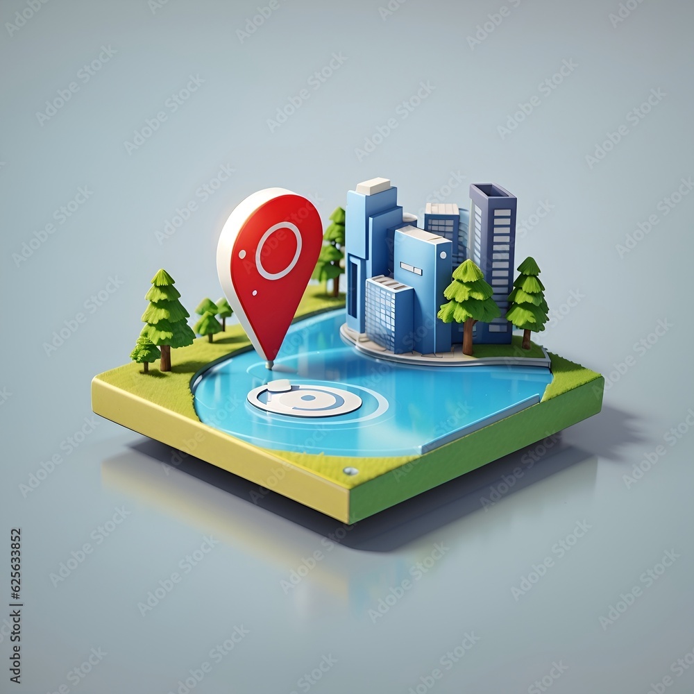 3d point Navigator on the building. Locator position point on the lake