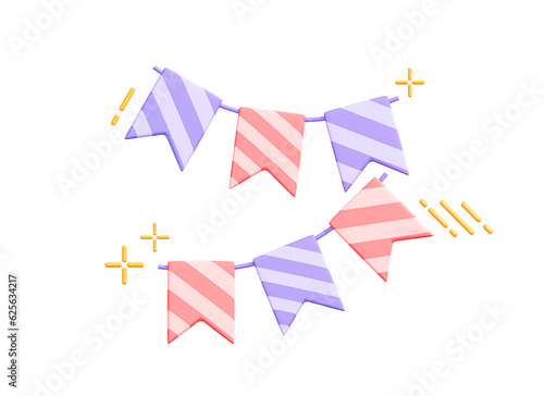 Fototapeta 3D Carnival garland with flags. Pink and purple buntings garlands. Party surprise decoration. Birthday hanging flags. Cartoon creative design icon. 3D Rendering