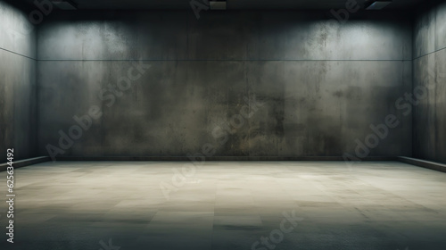 Empty room with concrete walls  dark interior with spotlights. Industrial copy space. Generative AI