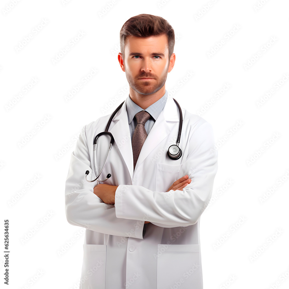Serious doctor in whitecoat crossing arms on chest while standing in front of camera isolated on transpared background png format Fictional Person, Generative AI Serious doctor in whitecoat crossing arms on chest while standing in front of camera isolated on transpared background png format Fictional Person, Generative AI