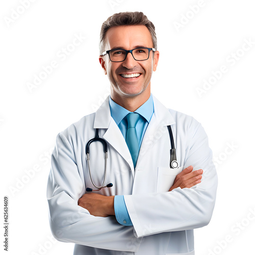 Cheerful mature doctor posing and smiling at camera, healthcare and medicine png format on transparent background Fictional Person, Generative AI