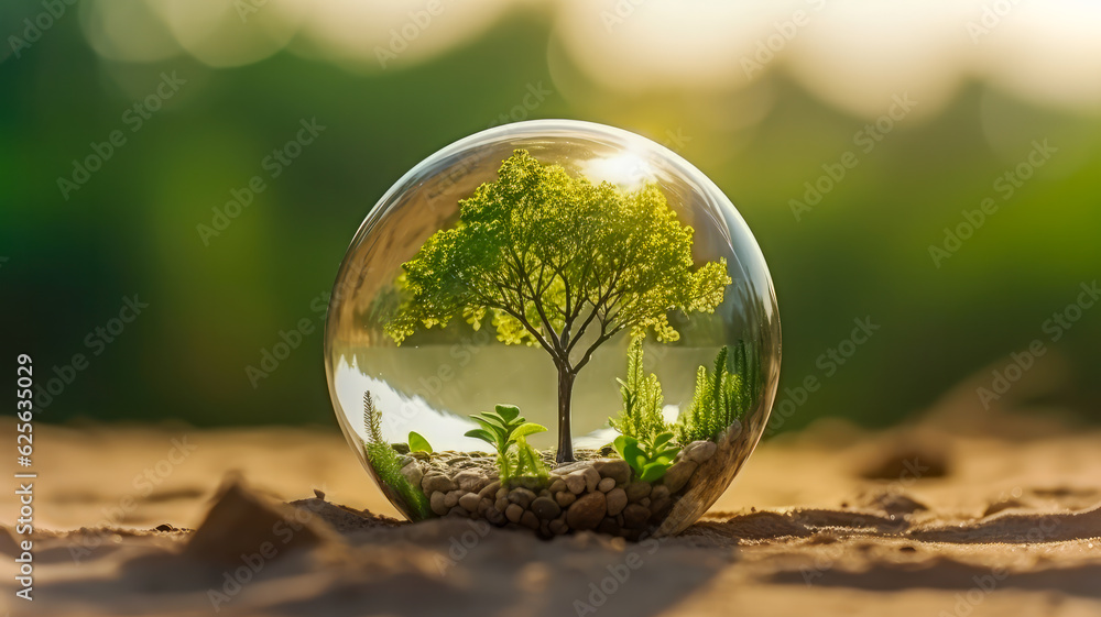 Umwelt und Klima. Welt in einer Glaskugel. Generiert mit KI