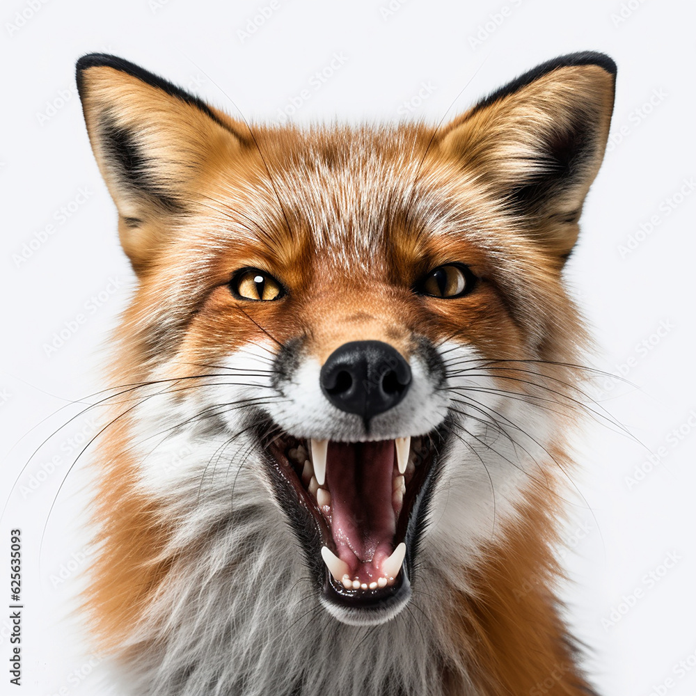 Predatory angry red fox bares big fangs, growls, portrait, close-up on white Predatory angry red fox bares big fangs, growls, portrait, close-up on white