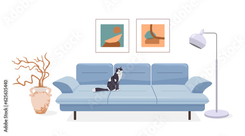 Large wide soft blue sofa, metal floor lamp, clay vase with decorative tree branches, paintings with an abstract modern pattern. Vector illustration of lounge furniture in living room with cat.