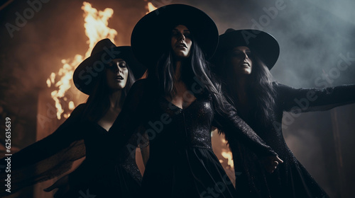 Fotografiet Three witches with the wicthes hats. Fire at background