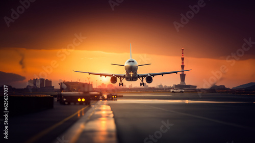 Flugzeug beim Anflug auf die Landebahn mit schönen Sonnenaufgang als Hintergrund Poster, ai generativ