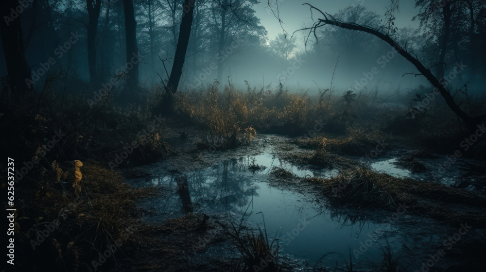 Obraz premium Mysterious forest swamp at foggy night or dusk.