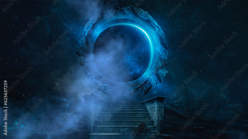 Fantasy night mountain landscape moonlight and nebulae Ancient round