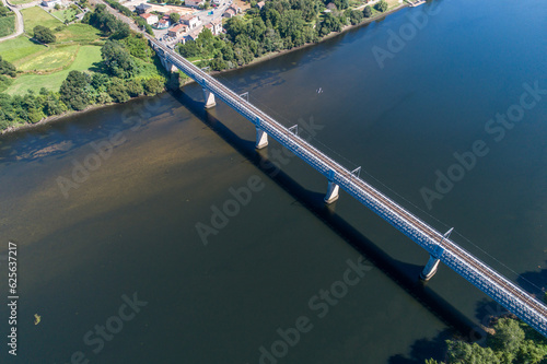 Aerial drone view of the international bridge over the Minho river between the Spanish town of Tui and the Portuguese town of Valença do Minho.