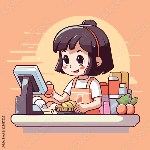 Vector of a young girl standing at a cash register