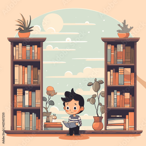 Vector of a young boy standing in front of a bookshelf filled with books