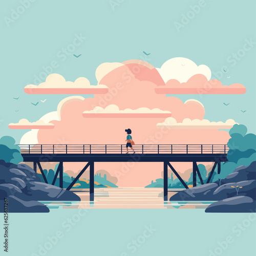 Vector of a person crossing a picturesque bridge over a serene river