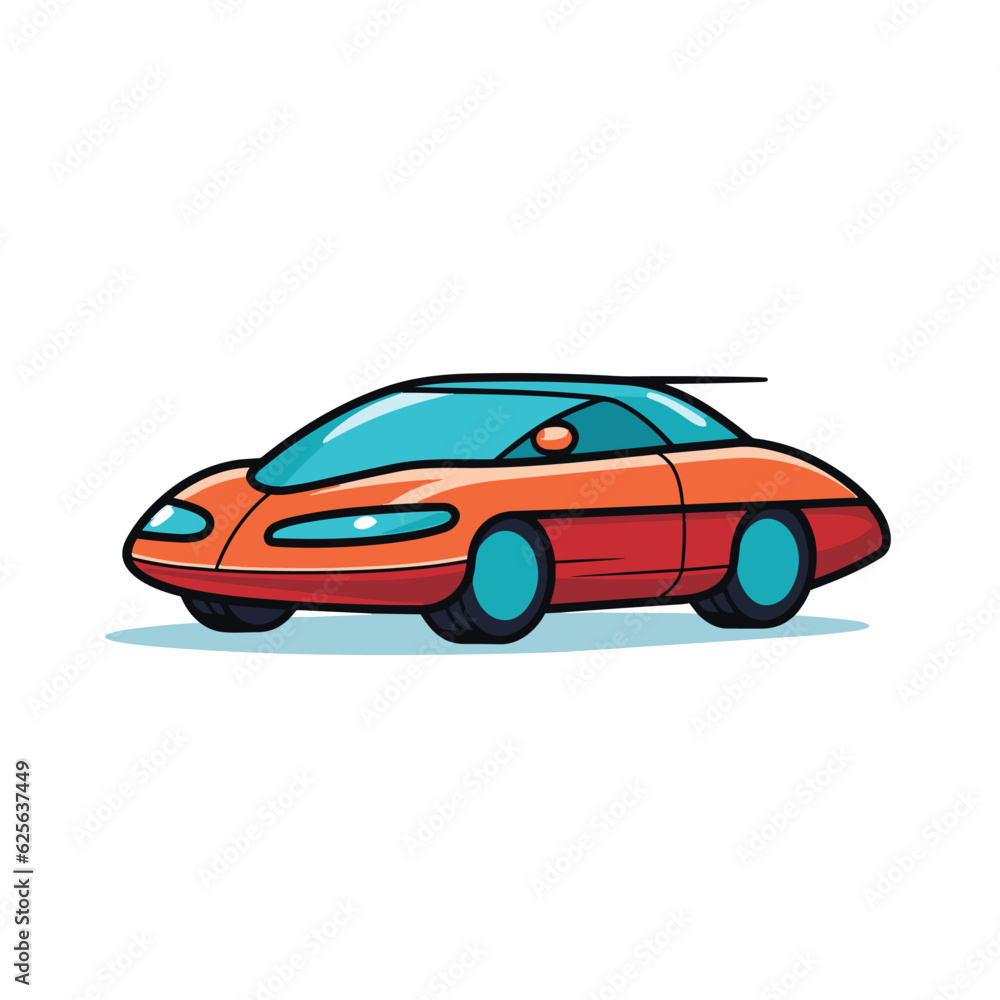 Vector of a vibrant orange car with eye catching blue wheels against a clean white backdrop