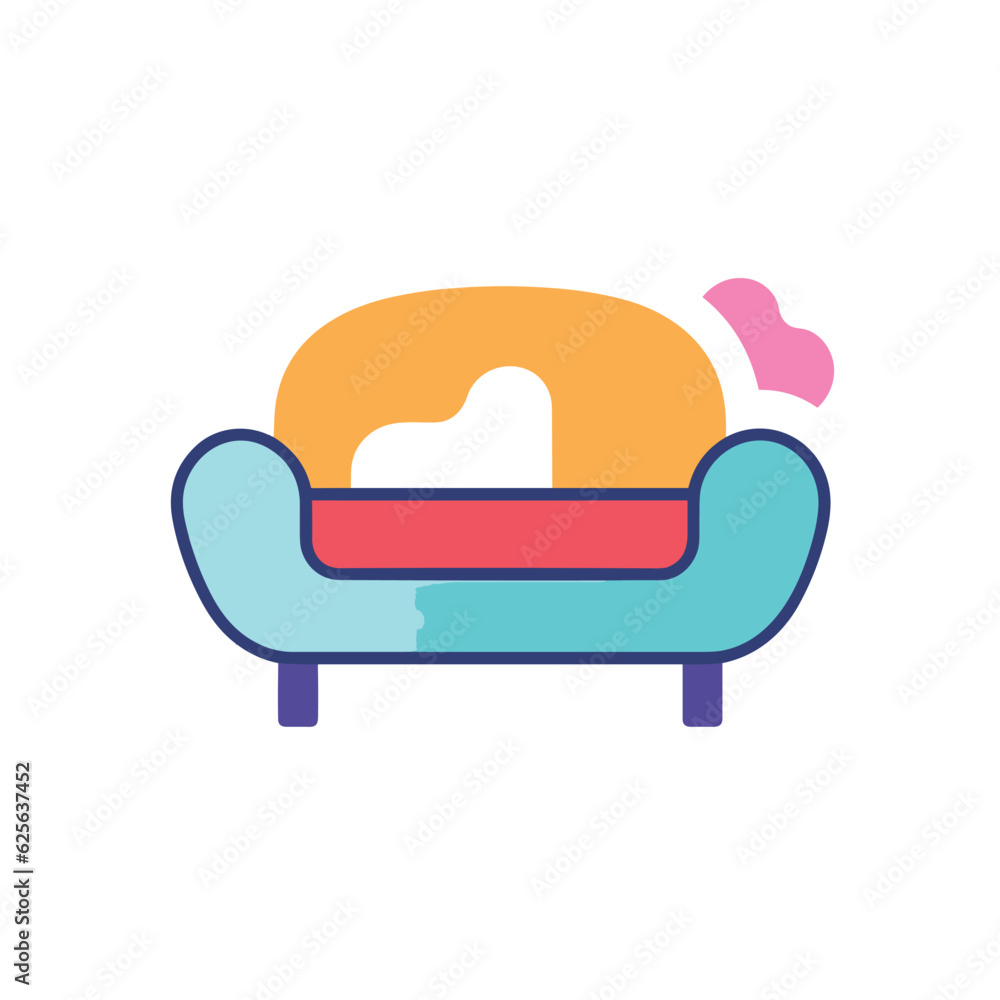 Vector of a cozy couch adorned with a heart shaped pillow, adding warmth and love to any living space Vector of a cozy couch adorned with a heart shaped pillow, adding warmth and love to any living space