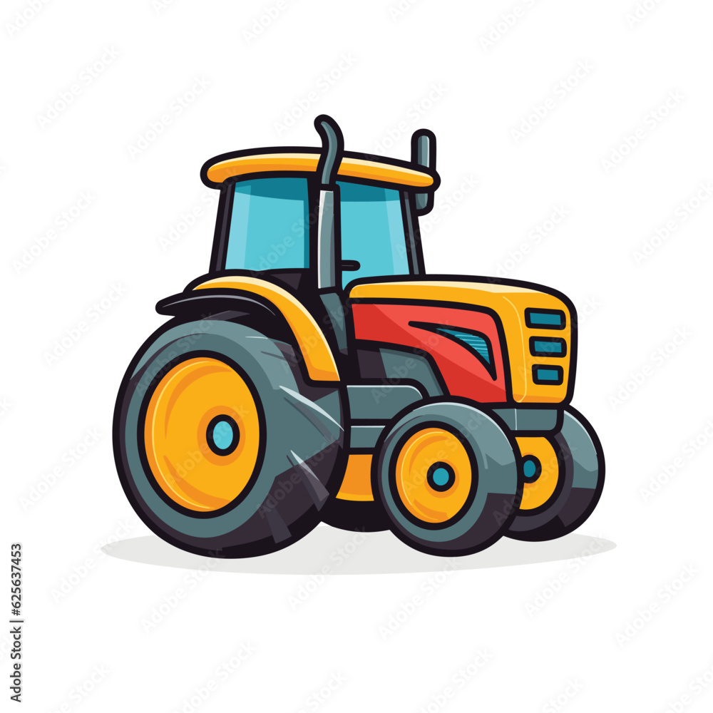 Vector of a yellow tractor with a red front end sitting on a flat surface