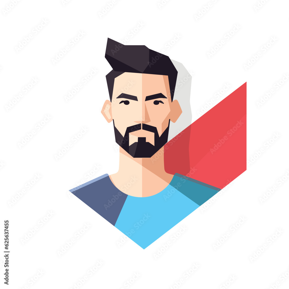 Vector of a bearded man wearing a blue shirt in a minimalist flat